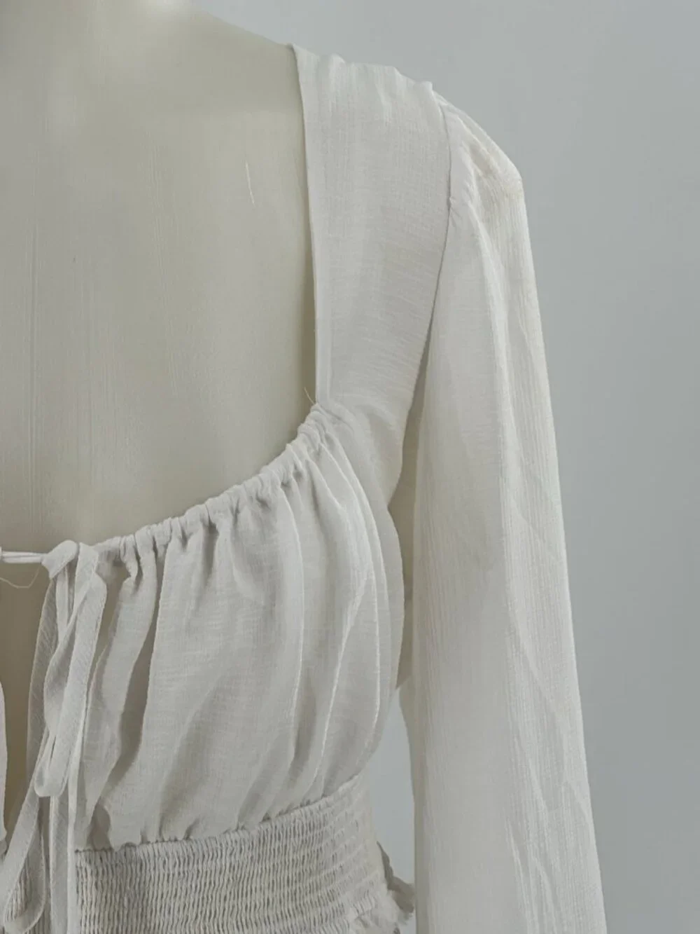 Free People Top Peasant White Cropped Long Sleeve Tiered Smocked Sheer Boho Lg